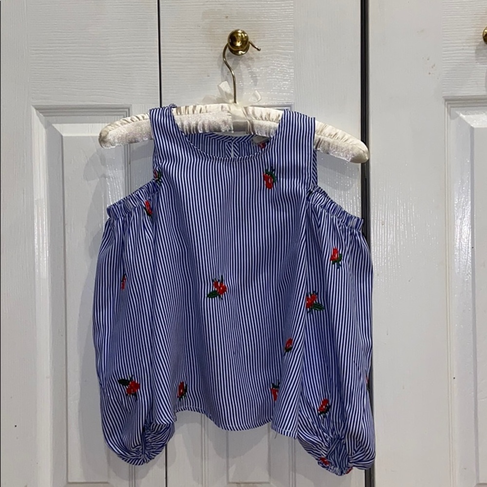 Blue and white striped top with red roses